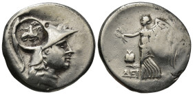PAMPHYLIA, Side. Circa 200-190 BC. AR Tetradrachm (31mm, 16.63 g). Head of Athena right, wearing crested Corinthian helmet; c/m: bow in bowcase, Π-EΡ ...