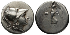 Pamphylia. Side circa 205-100 BC. De- (ΔH-), magistrate Tetradrachm AR (28mm, 16.92 g) Head of Athena to right, wearing crested Corinthian helmet / Ni...