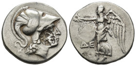 PAMPHYLIA, Side. Circa 200-190 BC. AR Tetradrachm (28mm, 16.92 g). Head of Athena right, wearing crested Corinthian helmet; c/m: bow in bowcase, ΠEΡ /...