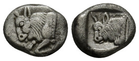 Caria. Uncertain mint circa 400 BC. Diobol AR (13mm, 2.0 g). Forepart of bull left / Forepart of bull left, within incuse square.