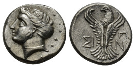 Paphlagonia, Sinope. Late 4th-3rd cent. BC. AR 1/2 drachm. (14mm, 3.0 g) Turreted female head left / Eagle standing facing, head left, with wings spre...