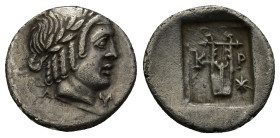 LYCIAN LEAGUE. Masicytes. Ca. 48-20 BC. AR hemidrachm (16mm, 1.79 g). Laureate head of Apollo right; Λ-Y below / K-P, cithara (lyre); star, all within...
