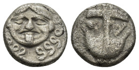 Apollonia Pontika, Thrace. AR Drachm (3.17 Gr. 13mm.), c. 400-350 BC. 
 Facing Gorgoneion. 
Rev. Inverted anchor; A and crayfish in fields.
