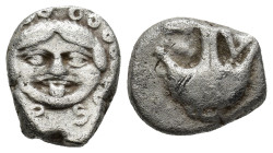Apollonia Pontika, Thrace. AR Drachm (3.21 Gr. 14mm.), c. 400-350 BC. 
 Facing Gorgoneion. 
Rev. Inverted anchor; A and crayfish in fields.