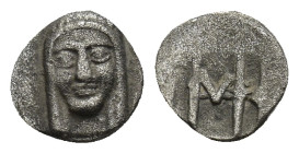 Ionia, Kolophon, c. 450-410. AR Hemiobol. Facing head of Apollo. R/ Monogram (mark of value) within incuse rectangle (0.4 Gr. 8mm.)