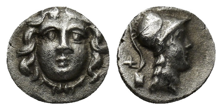 Pisidia, Selge, c. 250-190 BC. AR Obol (10mm, 0.72 g). Facing gorgoneion. R/ Hel...