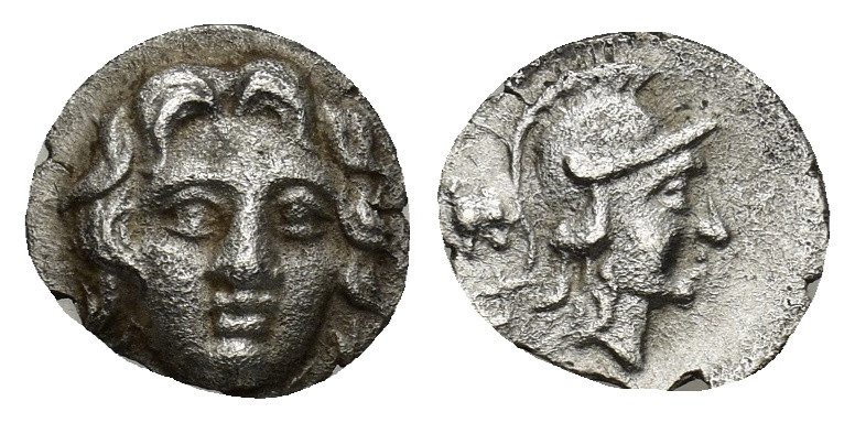Pisidia, Selge AR Obol. (10mm, 0.77 g) Circa 350-300 BC. Gorgoneion / Helmeted h...