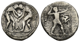 PAMPHYLIA. Aspendos. Circa 380/75-330/25 B.C. AR stater. (22mm, 10.43g) . Two wrestlers beginning to grapple; AI between / Slinger striding right, pre...