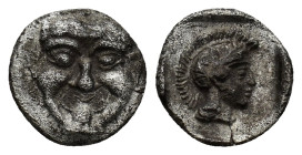 PAMPHYLIA, Aspendos. Circa 420-360 BC. AR Obol (11mm, 0.86 g). Facing gorgoneion / Helmeted head of Athena right within incuse square.