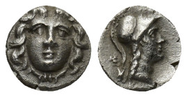 PISIDIA, Selge. Circa 250-190 BC. AR Obol (10mm, 0.70 g). Facing gorgoneion / Helmeted head of Athena right; astragalos to left, uncertain symbol.