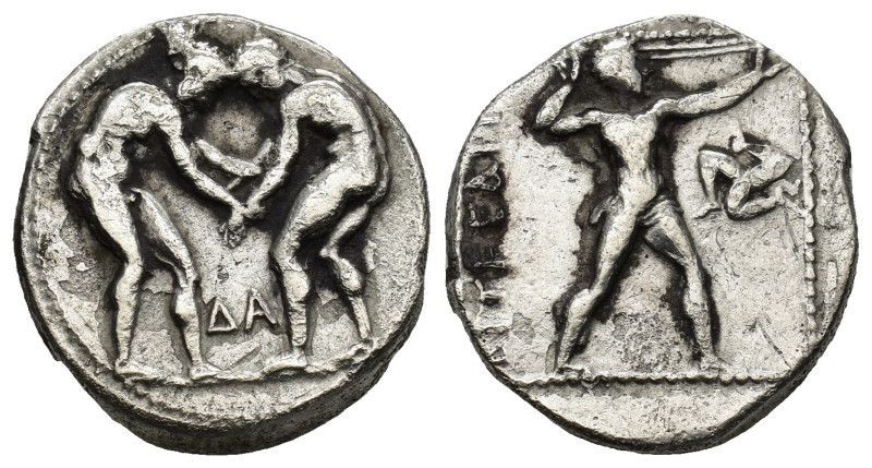 Pamphylia. Aspendos circa 380-330 BC. Stater AR (21mm, 10.56 g) Two wrestlers gr...