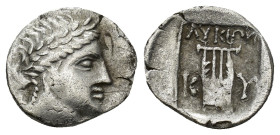 LYCIAN LEAGUE. Cyaneae. Ca. 167-81 BC. AR drachm (15mm, 1.19 g). Head of Apollo right, wearing taenia / ΛΥΚΙΩΝ, cithara (lyre); K-Y across field; swor...