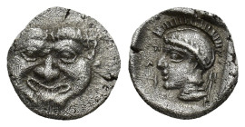 PAMPHYLIA, Aspendos. Circa 420-360 BC. AR Obol (11mm, 1.0 g). Facing gorgoneion / Helmeted head of Athena left.