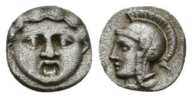 Pisidia, Selge AR Obol. (10mm, 0.95 g) Circa 350-300 BC. Facing Gorgoneion / Helmeted head of Athena left.