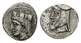 CILICIA, Uncertain. Circa 4th Century BC. AR Obol (11mm, 0.66 g). Female head left, wearing turreted crown / Male head left wearing bashlik;