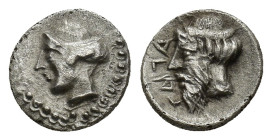 Cilicia, Nagidos. Ca. 420-280 B.C. AR obol (9mm, 0.74 g). Head of Aphrodite left / Head of bearded Dionysos left.