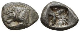CARIA, Mylasa. Circa 520-490 BC. AR Tetrobol (17mm, 3.61 g) Forepart of roaring lion left Rev. Rough incuse punch.