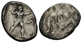 Pamphylia, Aspendos. AR Stater (25mm, 10.68 g), c. 380/75-330/25 BC. Obv.Slinger in throwing stance right; EΣTFEΔIIYΣ to left; to right, counter-clock...