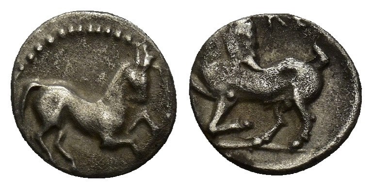 CILICIA, Kelenderis. Circa 425-400 BC. AR Obol (10mm, 0.76 g). Horse prancing ri...