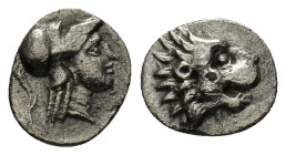 Pamphylia, Side, AR Obol (10mm, 0.76 g) ca. 400-380 BC. Helmeted head of Athena right. / Head of lion right.