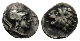 Pamphylia. Side circa 250-150 BC. Obol AR (10mm, 0.71 g) Head of Athena to right; wearing corinthian helmet / Head of roaring lion left.