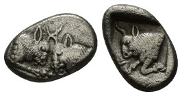 Karia, uncertain AR Diobol. (14mm, 2.0 g) Circa 450-400 BC. Confronted foreparts of two bulls / Forepart of bull to left, within incuse square.