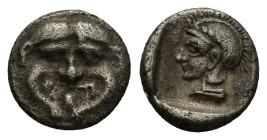 Pamphylia, Aspendos AR Obol. Pamphylia, Aspendos AR Obol. (9mm, 1.0 g) c. 420-360. Gorgoneion / Helmeted head of Athena l.