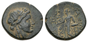 SELEUKID KINGDOM. Antiochos III Megas.(Circa 223-187 BC).AE. Sardes. (4.83 Gr. 16mm)
 Laureate head of Apollo right. 
Rev. Apollo standing left, exami...