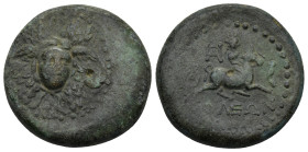 CILICIA, Soloi. Circa 100-30 BC. Æ (25mm, 15.0 g). Aegis with winged facing gorgoneion in center / Aphrodite riding galloping bull right; monogram to ...