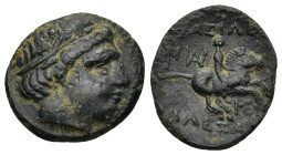 KINGS OF MACEDON. Alexander III 'the Great' (336-323 BC). AE. Miletos. (2.62 Gr. 18mm.)
Diademed head (Apollo?) right. 
Rev: Horseman right; labrys an...