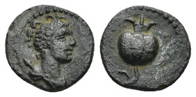 PAMPHYLIA. Side. 1st century BC. AE (1.12 Gr. 11mm.) 
Bust of Artemis right, with quiver over shoulder. 
Rev: Pomegranate.
