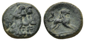 Pisidia, Komana. Ca. 1st century B.C. AE (2.56 Gr. 13mm.) 
Jugate, bearded heads right
Rev. Lion springing right.