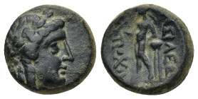 SELEUKID KINGDOM. Antiochos III Megas.(Circa 223-187 BC).AE Sardes (4.32 Gr. 14mm.)
 Laureate head of Apollo right. 
Rev. Apollo standing left, examin...
