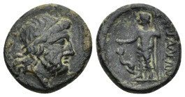 PAMPHYLIA. Attaleia. AE Circa 159-100 BC. (4.13 Gr. 15mm.)
 Diademed head of Poseidon right. 
Rev. Poseidon standing left, holding patera and trident;...