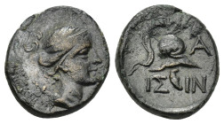 PISIDIA. Isinda. Time of Amyntas(?), circa 36-25 BC. (3.19 Gr. 15mm.)
Head of Artemis to right, bow and quiver over shoulder.
 Rev. IΣIN Macedonian he...
