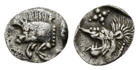 MYSIA, Kyzikos. (ca 450-400 BC) AR Hemiobol (0.31 Gr. 9mm.)
Forepart of boar left; to right, tunny upward 
Rev. Head of roaring lion left; star to upp...