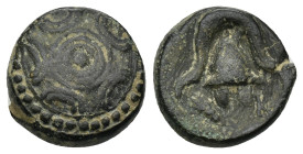 KINGS of MACEDON. Time of Alexander III - Philip III, circa 325-310 BC. AE (3.45 Gr 13mm) uncertain Macedonian mint.
Macedonian shield with boss decor...