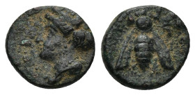 IONIA. Ephesos. Ae (Circa 375-325 BC).(1.23 Gr. 10mm)
 Female head (Artemis?) left, wearing stephane.
Rev. Bee E - Φ.