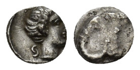 Karia, Halikarnassos (?) AR Hemiobol. (6mm, 0.36 g) Circa 400-340 BC. Young male head to right, Karian legend S-A across fields. / Head of ram to righ...