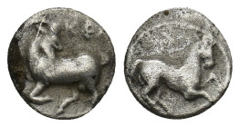 Cilicia, Kelenderis AR Obol. (9mm, 0.70 g) 3rd century BC. Goat kneeling left, head right. / Horse prancing right within beaded circle.