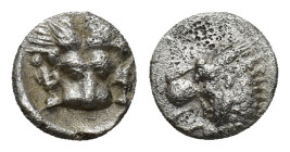 Caria. Mylasa. Hekatomnos circa 392-377 BC. Hemiobol AR (7mm, 0.44 g). Facing head of lion with forelegs at sides. / Head of roaring lion left.