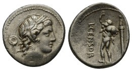 L. MARCIUS CENSORINUS. Denarius (16mm, 3.65 g) (82 BC). Rome. Obv: Laureate head of Apollo right; wreath to left. Rev: L • CENSOR. 
Marsyas standing l...