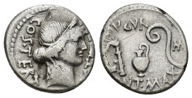 Julius Caesar 46 BC. Uncertain mint Denarius AR (15mm, 3.71 g). Head of Ceres right, wearing grain ear wreath, COS • TERT downwards behind, DICT • ITE...