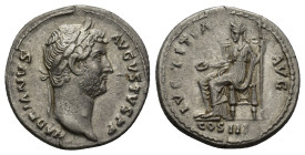 HADRIAN (117-138). Denarius. Rome. (3.27 Gr. 18mm.)
 Bare head left. 
Rev. Indulgentia seated left, holding sceptre and extending right hand.