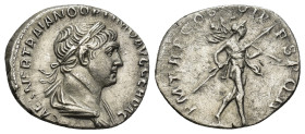 TRAJAN. 98-117 AD. AR Denarius (3.31 Gr. 19mm.). Struck 116-117 AD.
 Laureate and draped bust right 
Rev. Mars advancing right, holding spear and trop...