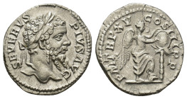 Septimius Severus AR Denarius. (18mm, 3.20 g) Rome, AD 207. SEVERVS PIVS AVG, laureate head right / P M TR P XV COS III P P, Victory standing right, f...