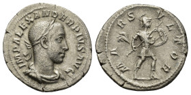 SEVERUS ALEXANDER (222-235). Denarius. (20mm, 2.9 g) Rome. Obv: IMP ALEXANDER PIVS AVG. Laureate, draped and cuirassed bust right. Rev: MARS VLTOR. Ma...