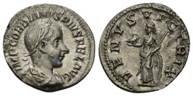 Gordian III. AD 238-244. AR Denarius. (24mm, 2.9 g) Imp GORDIANVS PIVS FEL AVG, Laureate, draped and cuirasssed bust right. / VENVS VICTRIX, Venus sta...