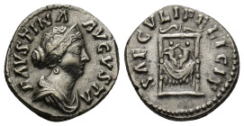 Faustina II; Rome, 161-2 AD, Denarius, (17mm, 3.43 g) Obv: FAVSTINA AVGVSTA Bust draped r. wearing stephane. Rx: SAECVLI FELICIT Frontal throne with f...