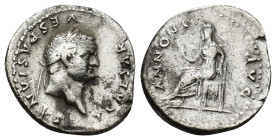 Vespasian AD 69-79. Rome Denarius AR (18mm, 3,14 g) CAESAR VESPASIANVS AVG, laureate head right / ANNONA AVG, Annona seated left on throne, holding gr...